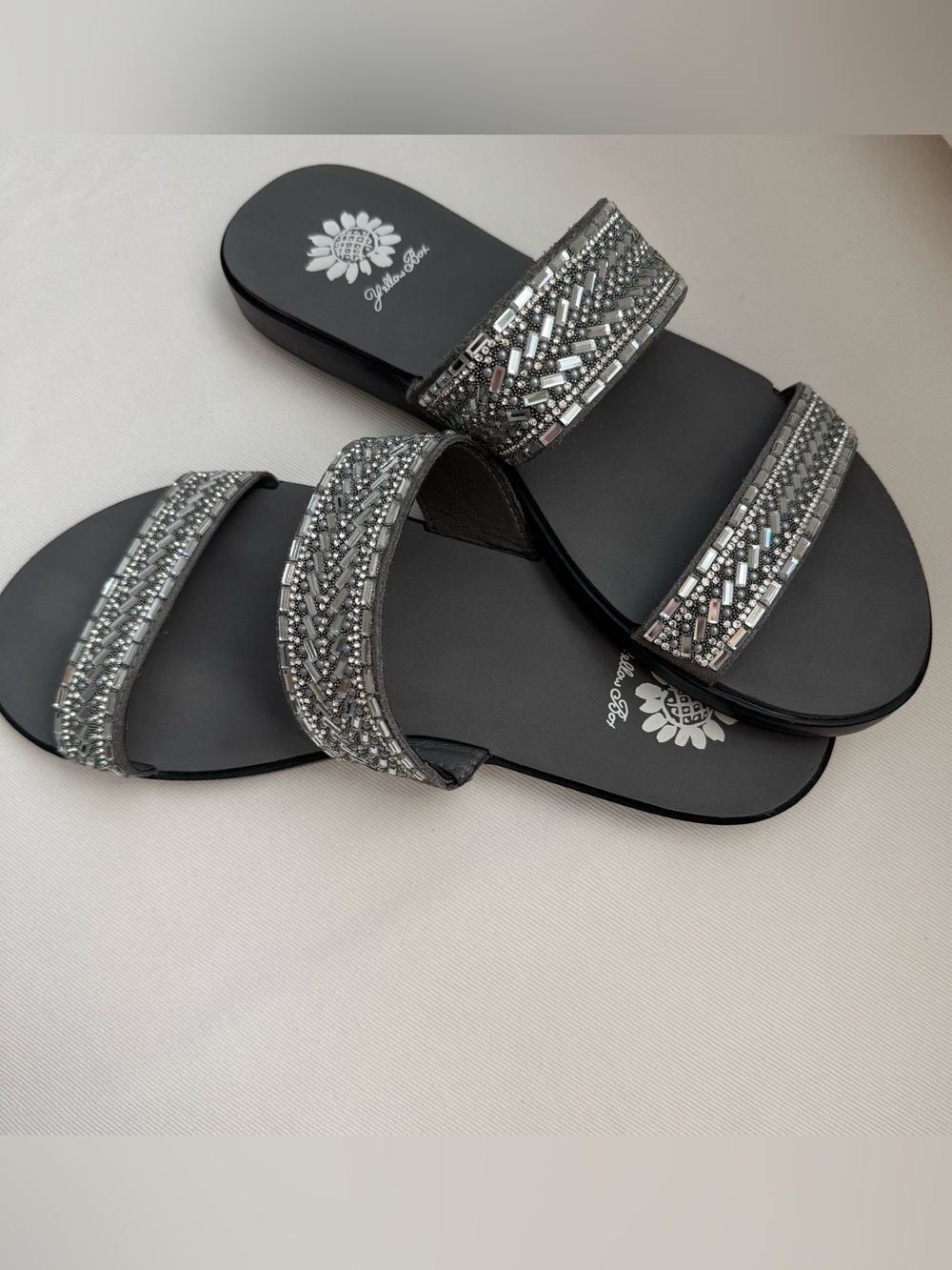 Yellow Box Silver Beaded Double-Strap Slide Sandals Size 8.5 GC